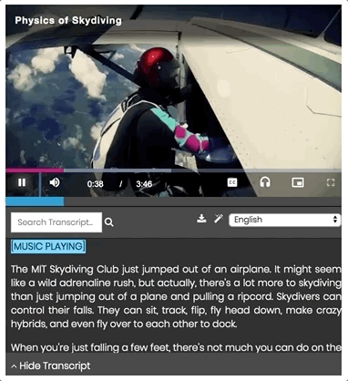 MIT Skydiving Club video clip showcases different functionalities of interactive transcripts such as collapsible, searchable, downloadable, view keywords, view translations.