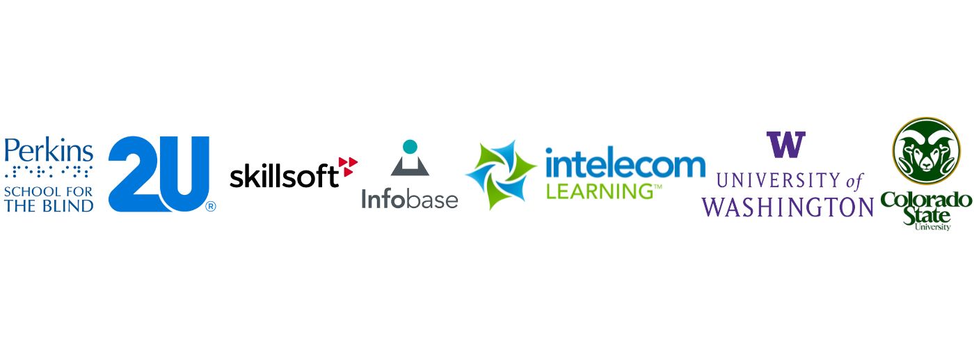 logos of elearning platforms using 3Play media: 2U, infobase, colorado state university, skillsoft, university of washington, perkins school for the blind