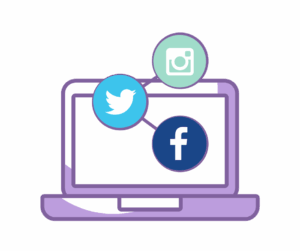laptop with twitter, instagram, and facebook icons