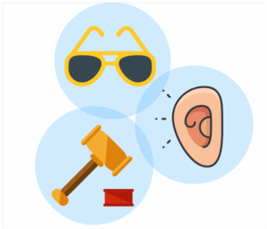 3 icons: sunglasses, gavel, ear