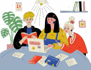 students studying together on a laptop